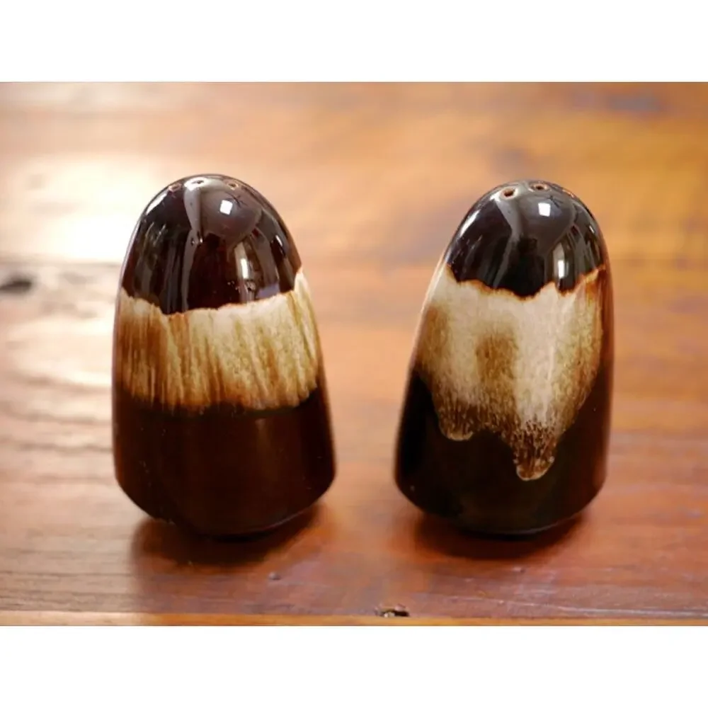 Pair of Vintage Mid Century Brown Lava Drip Glaze Ceramic Salt & Pepper Shakers